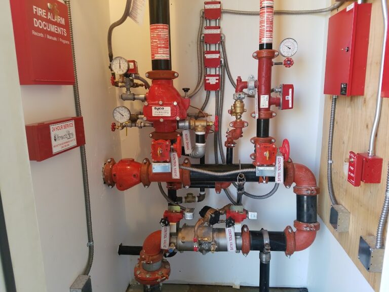 Fire sprinkler riser and valves in a mixed-use building, McMinnville, Oregon