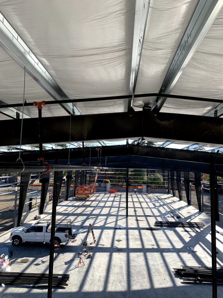 Fire sprinkler piping in the steel structure of a commercial building, Woodburn, Oregon